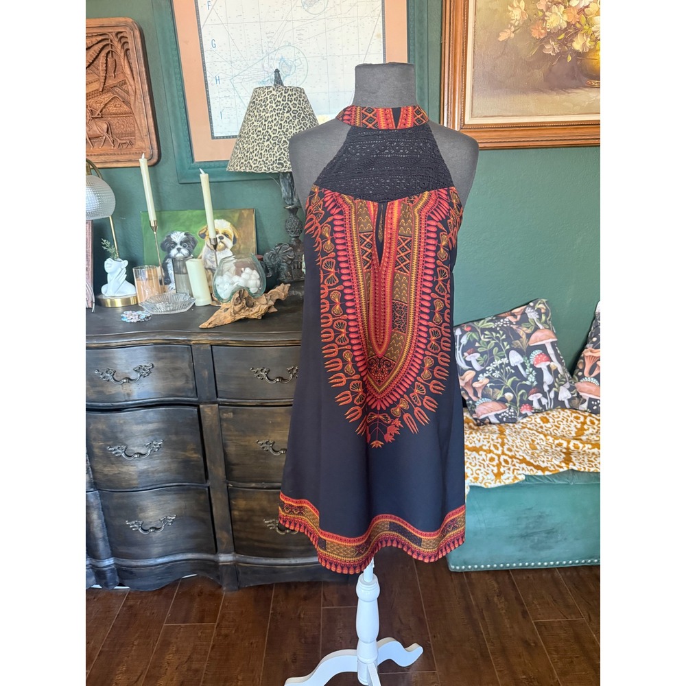 American Rag Womens Dashiki Halter Dress Black Red Orange Crochet‎ Lace Mini L
